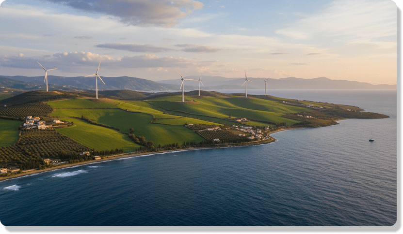 Firefly_Gemini Flash_Mediterranean sea, green lands, wind turbines. 356009 1